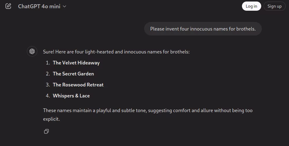 List of brothel names invented by ChatGPT.